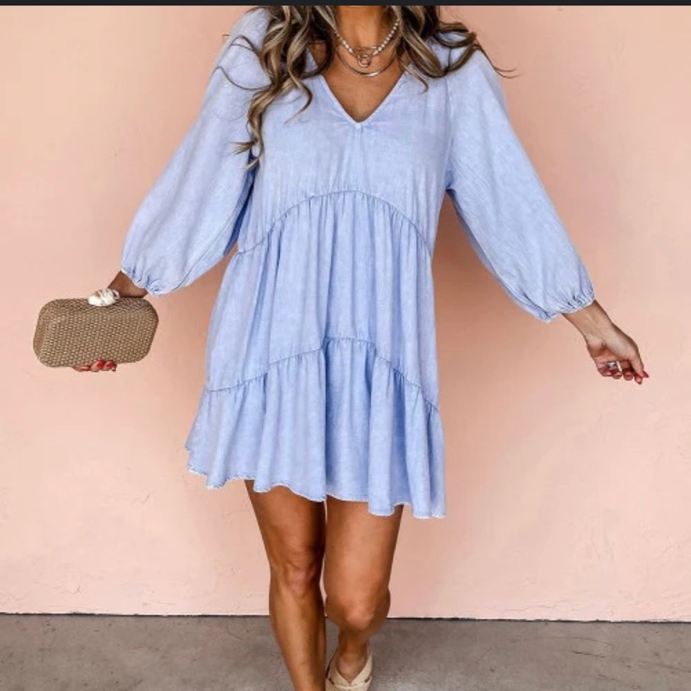MNG Mango Chambray Falcon‎ Tiered Puff Sleeve Ruffled Mini Dress Size 6
